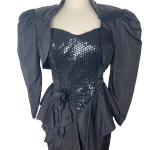 VTG 80s Karen Okada Climax Black Sequin Bow Strapless Dress 9 10 Bolero Jacket